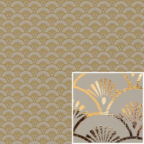 Tissu Canvas effet Lin Eventails dorés sur fond Naturel