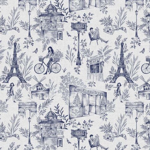 Tissu Toile de Coton Paris Bleu sur fond Blanc