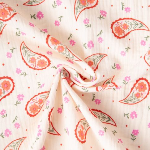 Tissu Double gaze de Coton Bandana petites fleurs Rouge sur fond Ecru