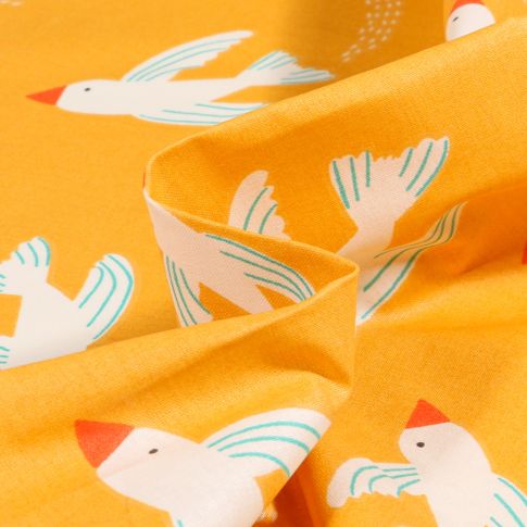 Tissu Coton enduit Bebird sur fond Jaune