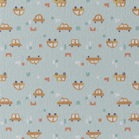 Tissu Jersey Coton Petites voitures ocres sur fond Bleu ciel