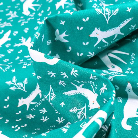 Tissu Coton imprimé Arty Animaux de la forêt sur fond Vert émeraude