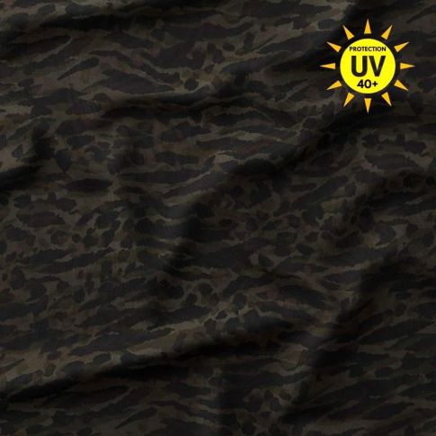 Tissu Lycra maillot de bain anti UV camouflage Bengal sur fond Vert kaki
