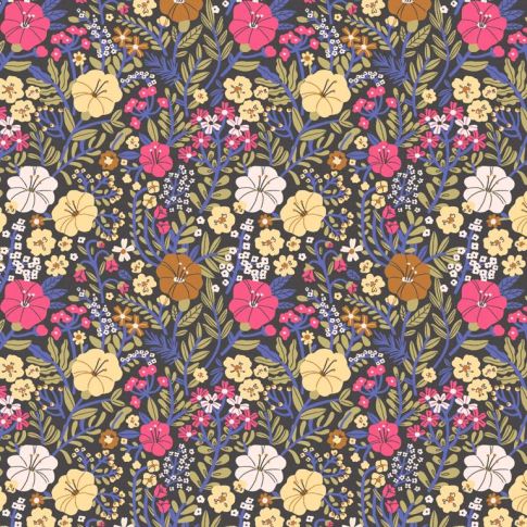 Tissu Popeline de Coton Blossom sur fond Noir