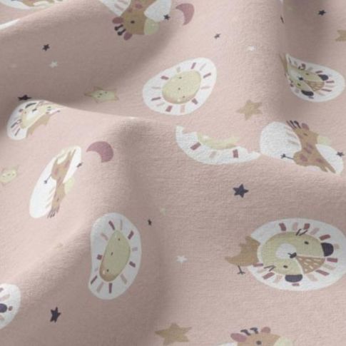 Tissu Jersey Coton Animaux étoiles sur fond Rose poudré