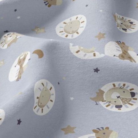 Tissu Jersey Coton Animaux étoiles sur fond Bleu ciel