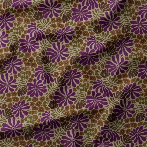 Tissu Velours milleraies imprimé Bomini fleuris violine sur fond Beige