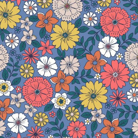 Tissu Popeline de Coton Romy sur fond Bleu jean
