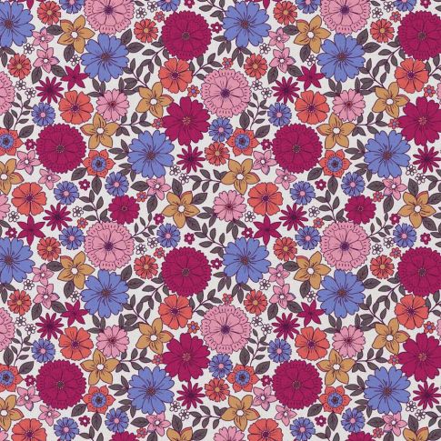 Tissu Coton enduit Brigia fleuris framboise sur fond Blanc
