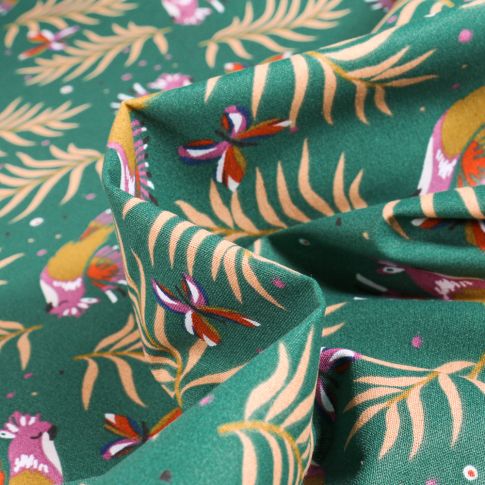 Tissu Coton imprimé Arty Cacatoes sur fond Vert sapin