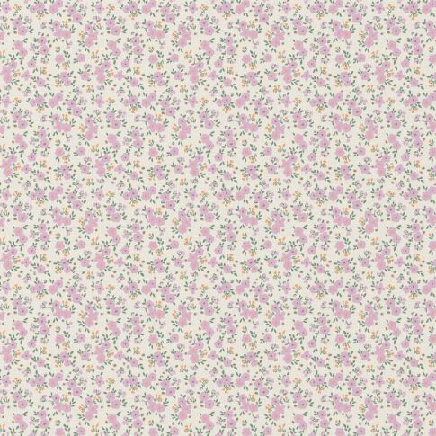Tissu Coton imprimé Capri fleuris mauve sur fond Ecru