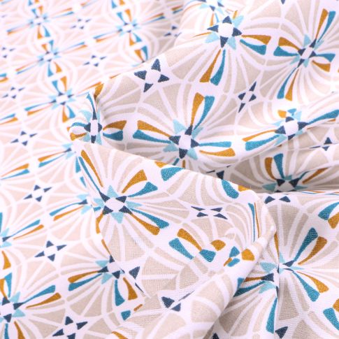 Tissu Coton imprimé Arty Capucine bleu sur fond Blanc