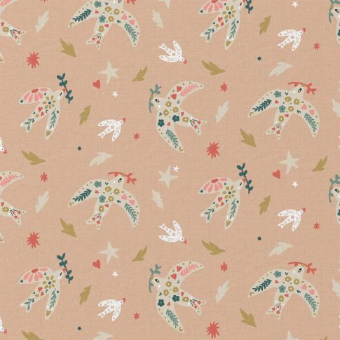 Tissu Coton imprimé Celeste oiseau sur fond Rose poudré