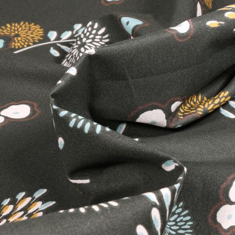 Tissu Coton imprimé Arty Chazine sur fond Gris anthracite