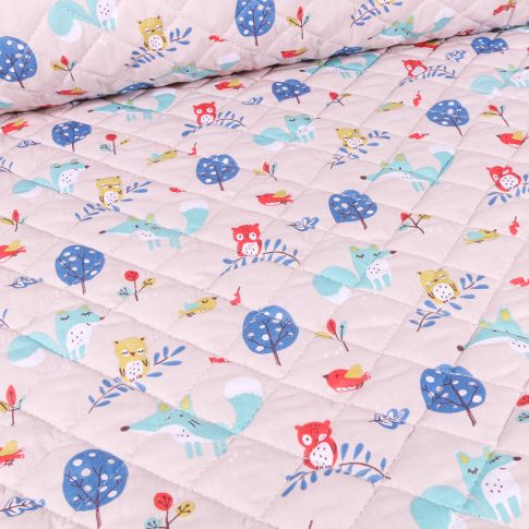 Tissu Matelassé Animaux de la foret colorés sur fond Naturel