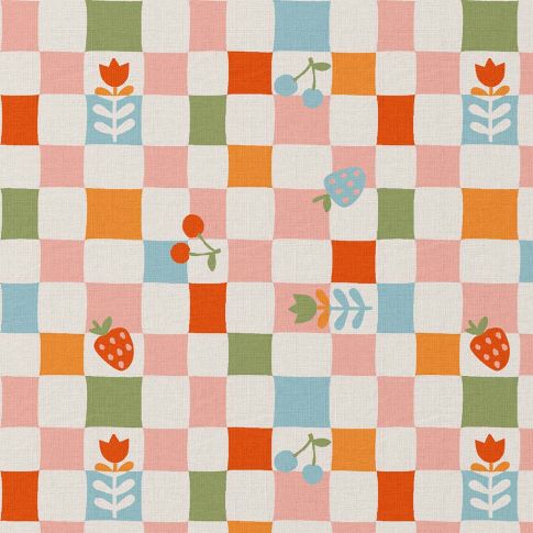 Tissu Coton imprimé Arty Carreaux, cerises, fraises et fleurs sur fond Rose