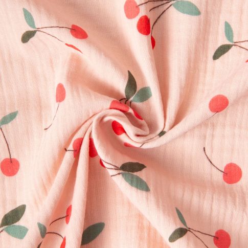 Tissu Double gaze de Coton Cerises Claf sur fond Pêche