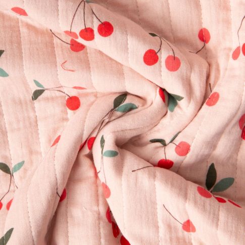 Tissu Double gaze de Coton Matelassé Cerises réversible Seersucker rayé sur fond Pêche