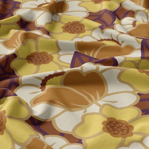 Tissu Viscose imprimé Clemone fleuris jaune sur fond Ecru