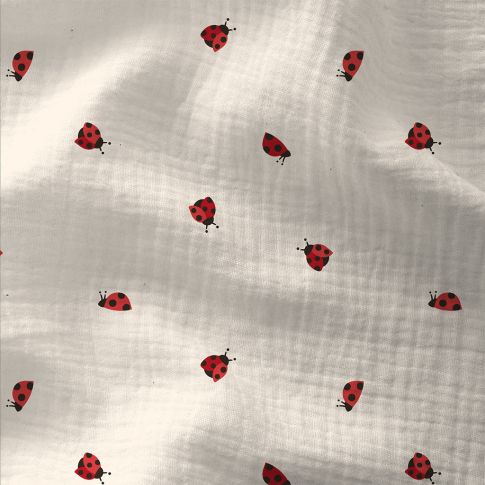 Tissu Double gaze Coton Coccinelles rouges sur fond Blanc cassé