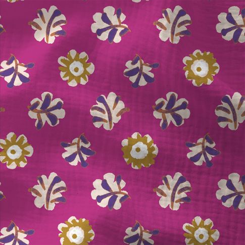 Tissu Double gaze Coton Daia fleuris sur fond Violine