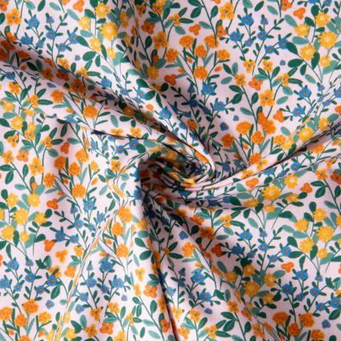 Tissu Coton imprimé Arty Fleuris Deniz sur fond Rose pastel