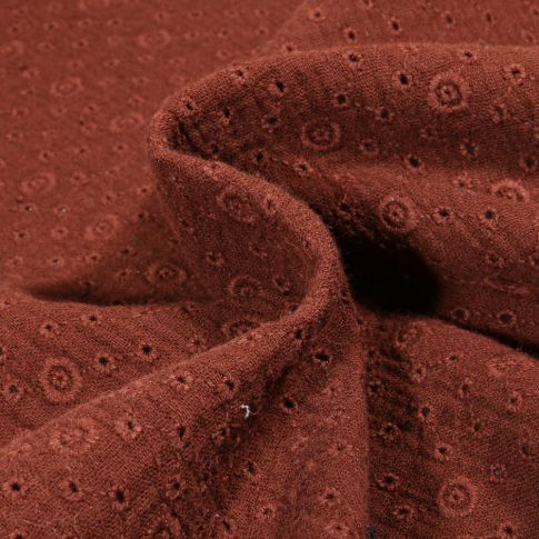 Tissu Double gaze Brodée Agnès sur fond Marron chocolat