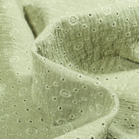 Tissu Double gaze brodée  Agnès sur fond Vert amande