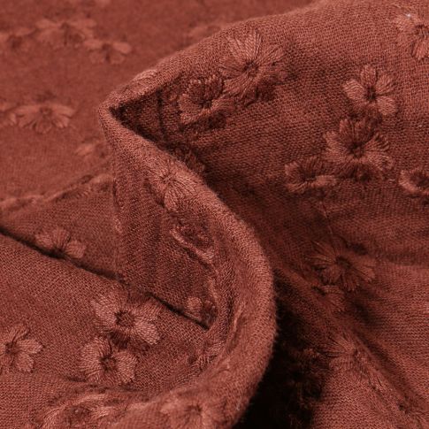 Tissu Double gaze Brodée Esmée sur fond Marron chocolat
