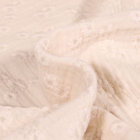 Tissu Double gaze Brodée Esmée sur fond Ecru