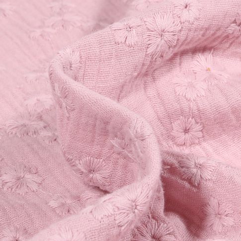 Tissu Double gaze Brodée Esmée sur fond Rose poudré