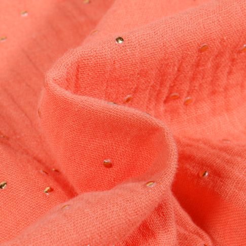 Tissu Double gaze Baya Pois dorés sur fond Melon