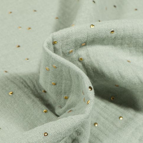 Tissu Double gaze Baya Pois dorés sur fond Vert d'eau