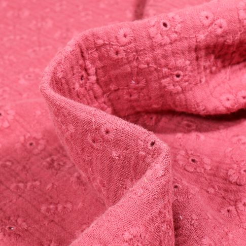 Tissu Double gaze Brodée Suzy sur fond Framboise