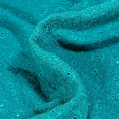Tissu Double gaze Brodée Suzy sur fond Bleu paon