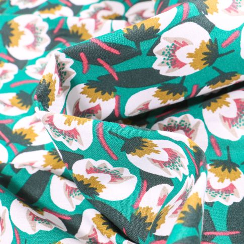 Tissu Coton imprimé Arty Dimeo sur fond Vert émeraude