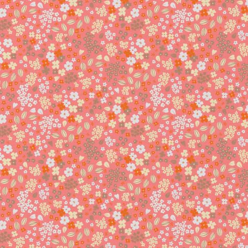 Tissu Coton enduit Doaby fleuris sur fond Rose saumon