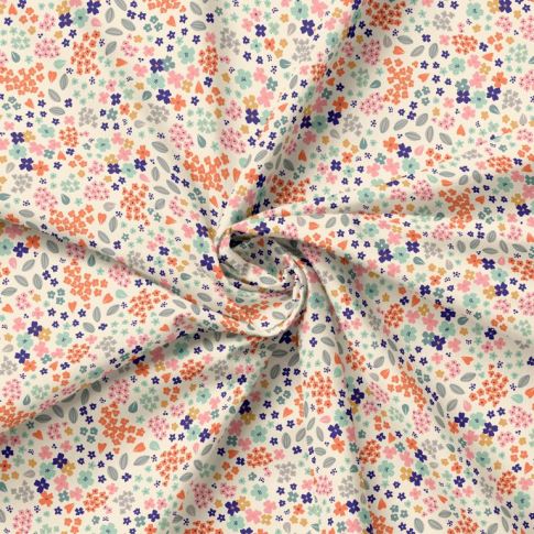 Tissu Popeline de Coton imprimé Doanne sur fond Ecru