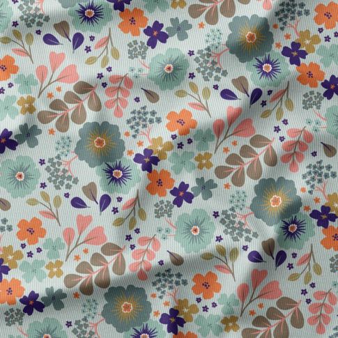 Tissu Velours milleraies imprimé Dorie fleuris sur fond Vert menthe