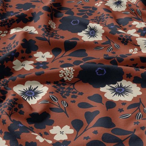 Tissu Viscose Dovy Fleuris sur fond Marron