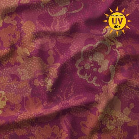 Tissu Lycra maillot de bain anti UV floral  Mauvia orange sur fond Prune