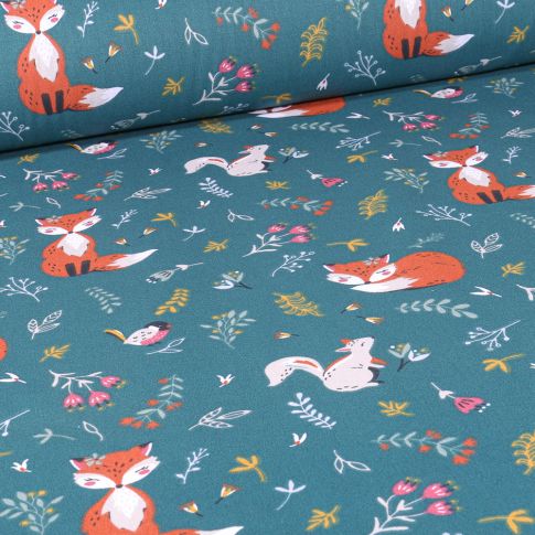 Tissu Coton imprimé Bio LittleBird Emeline sur fond Bleu pétrole