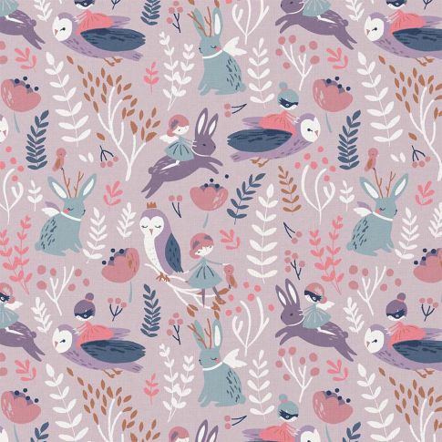 Tissu Coton imprimé Arty Fée des bois sur fond Parme