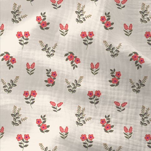 Tissu Double gaze Coton Fergie fleuris sur fond Blanc cassé