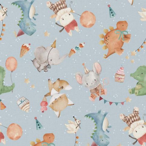 Tissu Coton imprimé Digital Arty Animaux anniversaire sur fond Bleu ciel