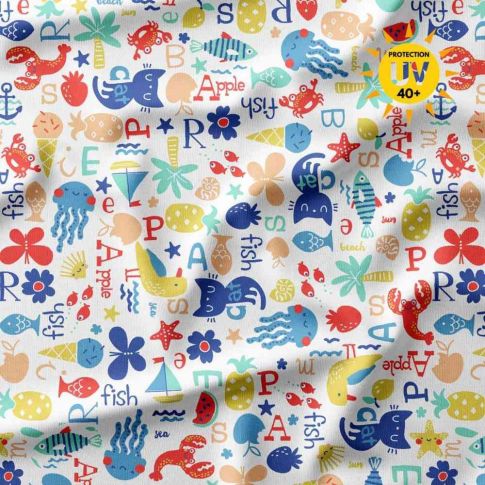 Tissu Lycra maillot de bain anti UV marin Oceaby sur fond Blanc