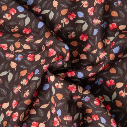 Tissu Viscose imprimé digital Arty Petites feuilles Flavi sur fond Marron chocolat