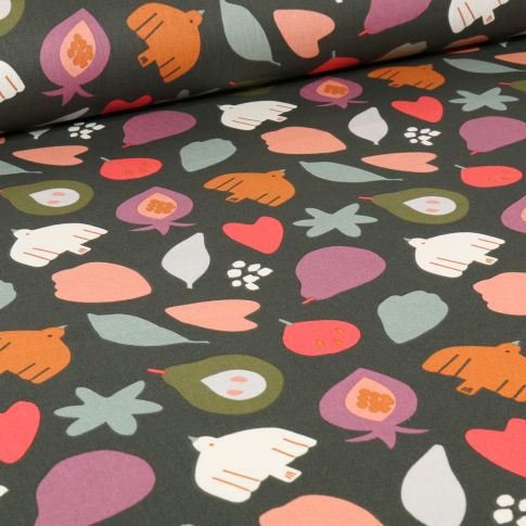 Tissu Coton imprimé Arty Flio sur fond Gris anthracite