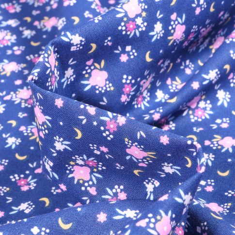 Tissu Coton imprimé Arty Flomi sur fond Bleu foncé