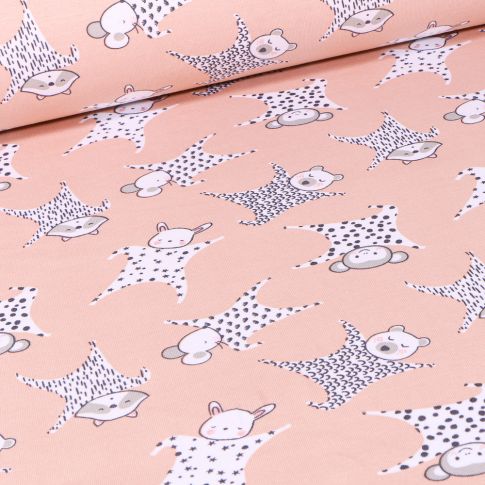 Tissu Jersey coton Peluches doudou sur fond Saumon